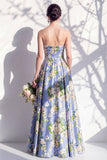 Vestido de dama de honor azul floral A Line Strapless
