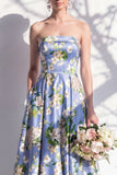 Vestido de dama de honor azul floral A Line Strapless