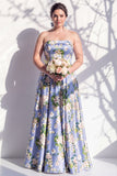 Vestido de dama de honor azul floral A Line Strapless