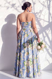 Vestido de dama de honor azul floral A Line Strapless