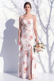 Vestido de dama de honor com alças finas florais vermelho marfim