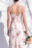 Vestido de dama de honor com alças finas florais vermelho marfim