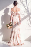 Vestido de Dama de Honor Floral Marfim em Marfim Ombro Descoberto