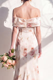 Vestido de Dama de Honor Floral Marfim em Marfim Ombro Descoberto