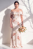 Vestido de Dama de Honor Floral Marfim em Marfim Ombro Descoberto