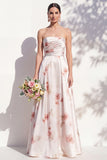 Vestido de dama de honor Linha A Floral em Marfim Sem Alças