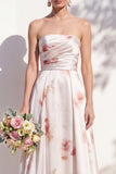 Vestido de dama de honor Linha A Floral em Marfim Sem Alças