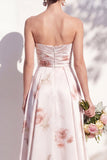 Vestido de dama de honor Linha A Floral em Marfim Sem Alças