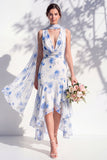 Vestido de Dama de Honor Floral Verde com Decote V e Lenço