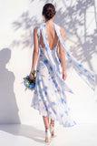 Vestido de Dama de Honor Floral Verde com Decote V e Lenço