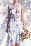 Vestido de Dama de Honor Floral Verde com Decote V e Lenço