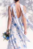Vestido de Dama de Honor Floral Verde com Decote V e Lenço