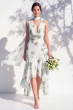 Vestido de Dama de Honor Floral Verde com Decote V e Lenço
