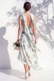 Vestido de Dama de Honor Floral Verde com Decote V e Lenço