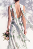 Vestido de Dama de Honor Floral Verde com Decote V e Lenço