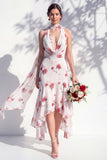 Vestido de Dama de Honor Floral Verde com Decote V e Lenço