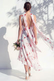 Vestido de Dama de Honor Floral Verde com Decote V e Lenço