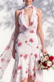 Vestido de Dama de Honor Floral Verde com Decote V e Lenço
