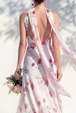 Vestido de Dama de Honor Floral Verde com Decote V e Lenço