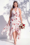 Vestido de Dama de Honor Floral Verde com Decote V e Lenço
