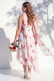 Vestido de Dama de Honor Floral Verde com Decote V e Lenço