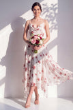 Vestido de dama de honor verde floral em linha A com gola em capuz