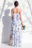 Vestido de dama de honor verde, sem alças, em camadas, floral A Line