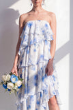 Vestido de dama de honor verde, sem alças, em camadas, floral A Line