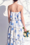 Vestido de dama de honor verde, sem alças, em camadas, floral A Line