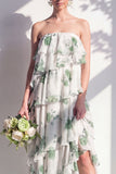 Vestido de dama de honor verde, sem alças, em camadas, floral A Line