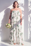Vestido de dama de honor verde, sem alças, em camadas, floral A Line