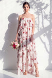 Vestido de dama de honor verde, sem alças, em camadas, floral A Line