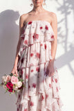 Vestido de dama de honor verde, sem alças, em camadas, floral A Line