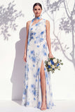 Vestido de dama de honor verde floral Linha A de um ombro com fenda