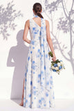 Vestido de dama de honor verde floral Linha A de um ombro com fenda