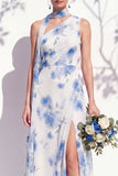 Vestido de dama de honor verde floral Linha A de um ombro com fenda