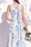 Vestido de dama de honor verde floral Linha A de um ombro com fenda