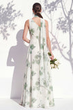 Vestido de dama de honor verde floral Linha A de um ombro com fenda