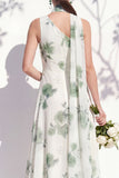 Vestido de dama de honor verde floral Linha A de um ombro com fenda