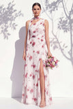 Vestido de dama de honor verde floral Linha A de um ombro com fenda
