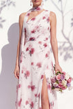 Vestido de dama de honor verde floral Linha A de um ombro com fenda