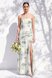 Vestido de dama de honor azul sem alças floral A Line com fenda
