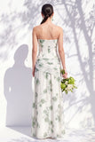Vestido de dama de honor azul sem alças floral A Line com fenda