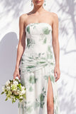 Vestido de dama de honor azul sem alças floral A Line com fenda