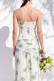 Vestido de dama de honor azul sem alças floral A Line com fenda