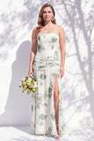 Vestido de dama de honor azul sem alças floral A Line com fenda