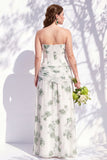 Vestido de dama de honor azul sem alças floral A Line com fenda