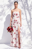 Vestido de dama de honor azul sem alças floral A Line com fenda