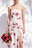 Vestido de dama de honor azul sem alças floral A Line com fenda