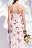 Vestido de dama de honor azul sem alças floral A Line com fenda